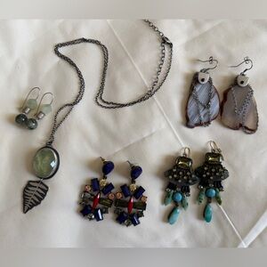 Lot 1 - 4 pairs of earrings and Green Pendant Necklace